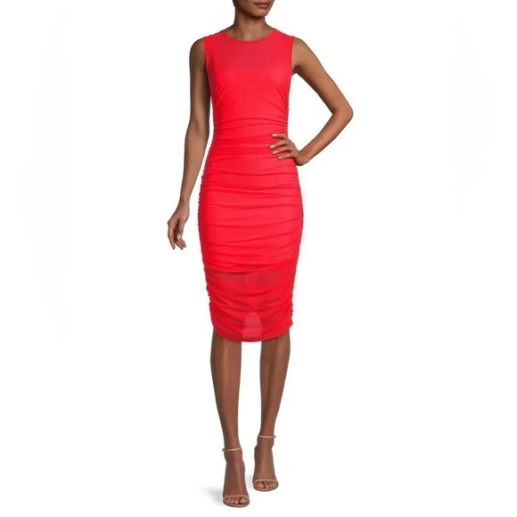 Black Halo Dresses & Skirts - Black Halo Elvia Ruched Mesh Sheath Dress in vivid melon midi small new women’s